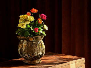 Still life of flower vase. Arrangement of country rose in vintage wooden vase lights up the corner of the room.