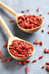 Dry goji berries on grey wooden table
