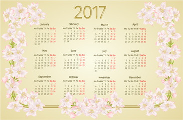 Calendar 2017 with apple tree blossoms vintage vector illustration