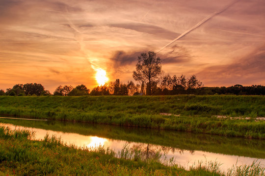 Sunset over the river Demer