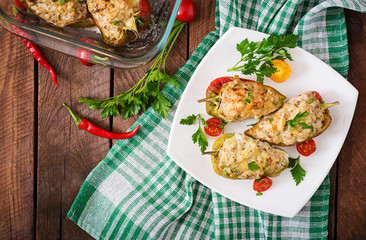 Stuffed peppers minced chicken with pepper chilli with tomat. Top view