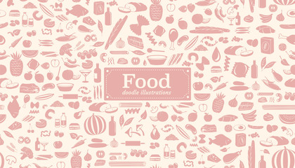 Seamless food pattern made from small illustrations with food lettering in rounded label. - 121967734
