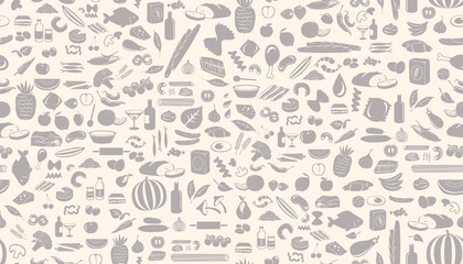Seamless food pattern made from small illustrations with food lettering in rounded label. - 121967750