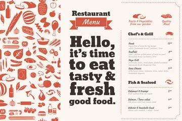 Fotobehang Restaurant Menu brochure. Bill of fare design template with food illustrations and nice typography. © radoma