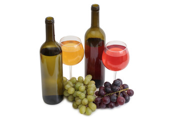 Obraz premium Bottle glass of wine and grapes on white background