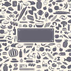 Seamless food pattern with empty rounded label with space for text.