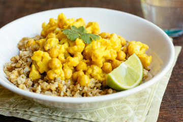 Curried Cauliflower and Chickpeas on Freekeh