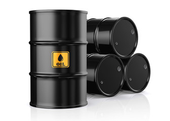 3D illustration of Black Metal Oil Barrels on White Background.
