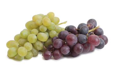 Bottle glass of wine and grapes on white background