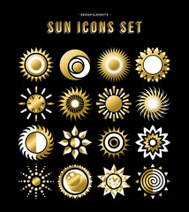 Gold set of sun design icons in modern style