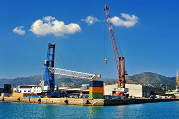 Obraz premium container terminal cranes and forklifts in sea port