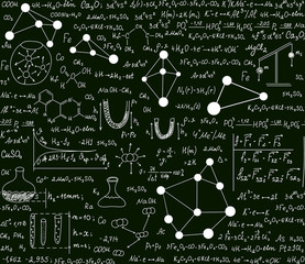 Chemical vector seamless pattern with formulas, schemes and equations. Scientific endless texture. You can use any color of background