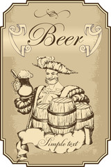 Man in renaissans costume with beer mug. Beer template design.