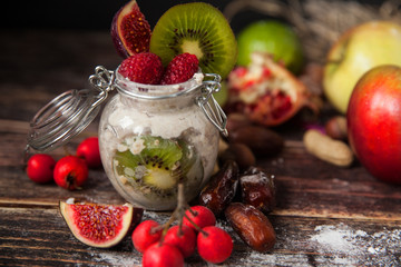 Well being and weight loss concept, berry smoothie and cereal