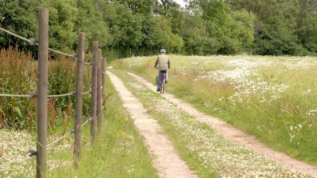 Man with helmet on bicycle. Riding a bike on rural road in beautiful summer landscape, Sweden. Tranquil and calm nature setting with green meadow. 
