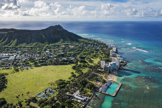 Aerial view of Diamond Head and coastline in Honolulu