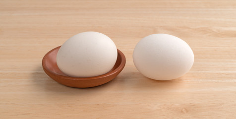 Two eggs in a small bowl atop a wood table.