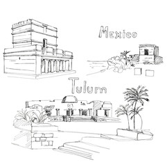 Hand drawn architecture sketch illustration of Tulum Mexico landmarks set with lettring isolated on white