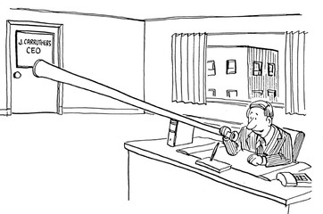B&W business illustration showing a manager trying to get the CEO's attention.