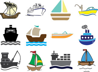 Set of color ships and boats