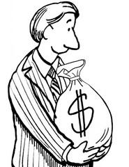 B&W business illustration of a smiling businessman carrying a large bag full of money.