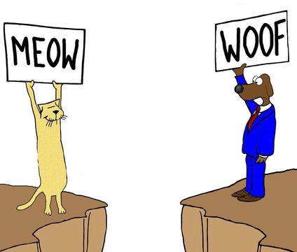 Color business image showing a business cat and dog who do not understand each other.