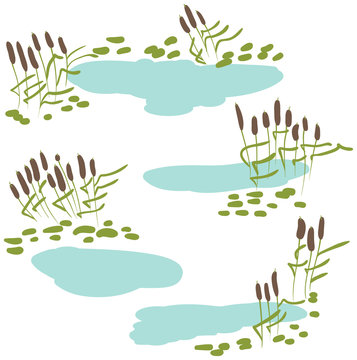 Reeds with pond vector icon set