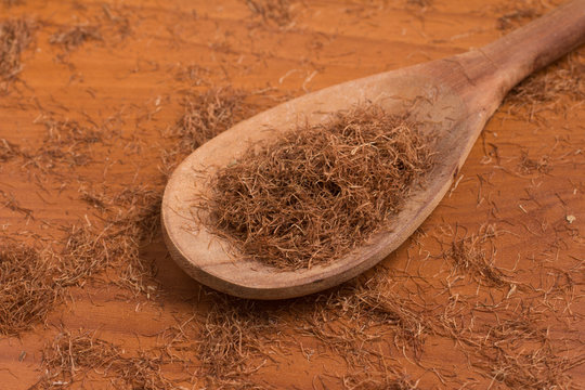 Dry Corn Silk Herb into a spoon. Stigmata Maydis