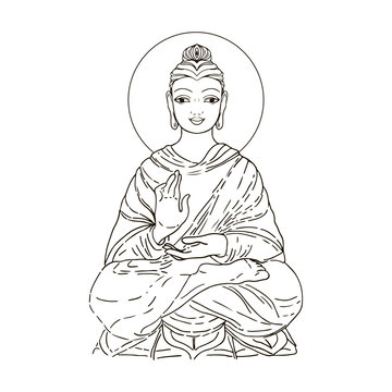 Sitting Buddha isolated on white. Esoteric vintage vector illustration. Indian, Buddhism, spiritual art. Hippie tattoo, spirituality, Thai god, yoga zen Coloring book pages for adults.