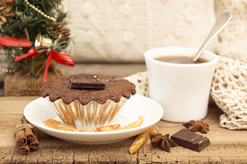 Christmas and New Year still life with chocolate cupcake