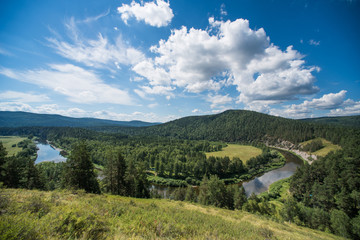 Scenery view of river Belaya, Ural mountains, Russia