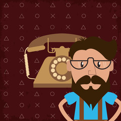 flat design hipster man and rotary telephone image vector illustration