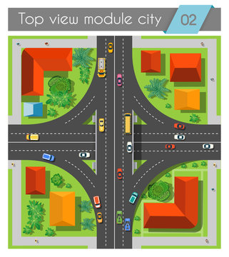 Highway junction roads with cars and transport top view. City intersection with houses, streets and trees
