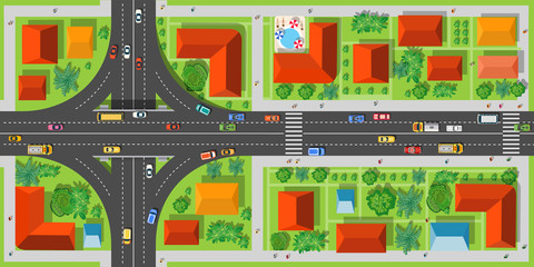 Highway junction roads with cars and transport top view. City intersection with houses, streets and trees