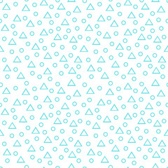 Seamless blue and white geometric pattern with thin line randomly arranged triangles and rings on white background. Abstract geometrical background of triangle, circle. Vector illustration.