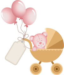 Girl teddy bear in baby carriage with label tag
