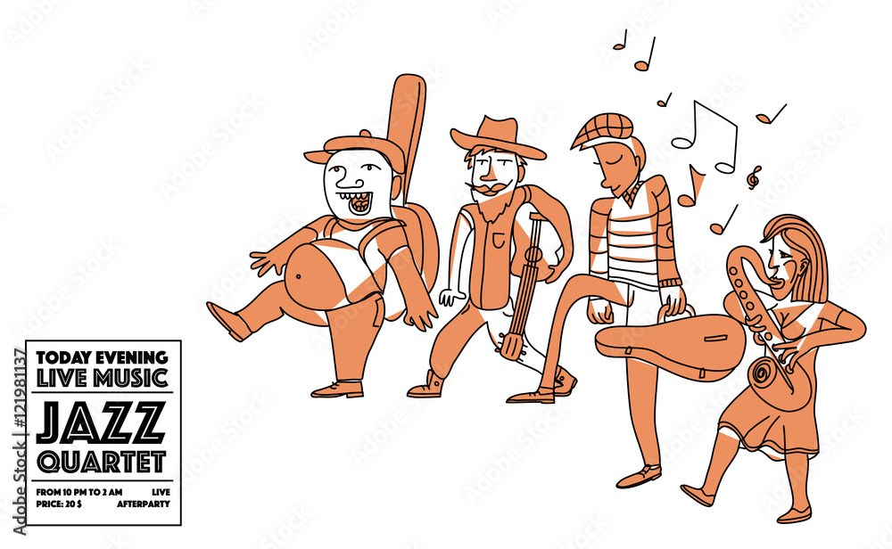 Wall mural Jazz band musicians walking. Creative line art doodle illustration.