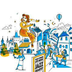 Jazz musicians in the city. Creative funky line art illustration.