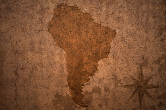 south american map on a old vintage crack paper background