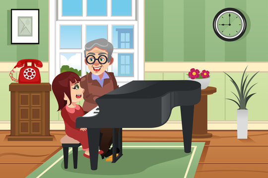 Grandmother Playing Piano with her Granddaughter