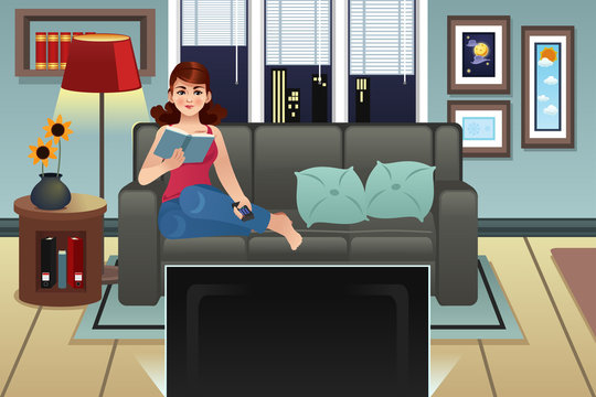 Young Woman Reading Book and Watching TV at Home