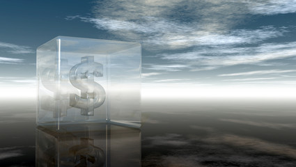 dollar symbol in glass cube under cloudy blue sky - 3d illustration