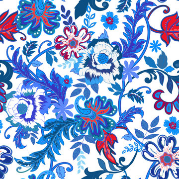 Seamless floral background. Colorful red and blue isolated flowe