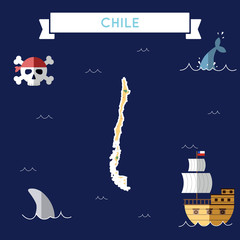 Flat treasure map of Chile. Colorful cartoon with icons of ship, jolly roger, treasure chest and banner ribbon. Flat design vector illustration.