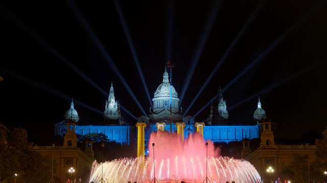Barcelona, Spain. Magic Fountain of Montjuic laser and water show at night.
The fountain is located close to Plaza de Espana. Light show is accompanied by music some nights of the week.

