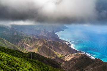Aerial view of Park Rural Anaga with its mountains and forest, Tenerife, Canary Islands, Spain