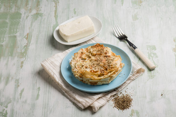 focaccia with carasau bread fresh cheese and oregano