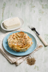 focaccia with carasau bread fresh cheese and oregano
