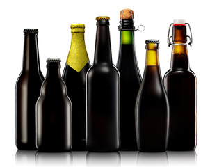 Set of beer bottles isolated on white background