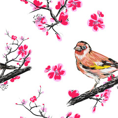 Seamless pattern with plum blossoms and goldfinch. 